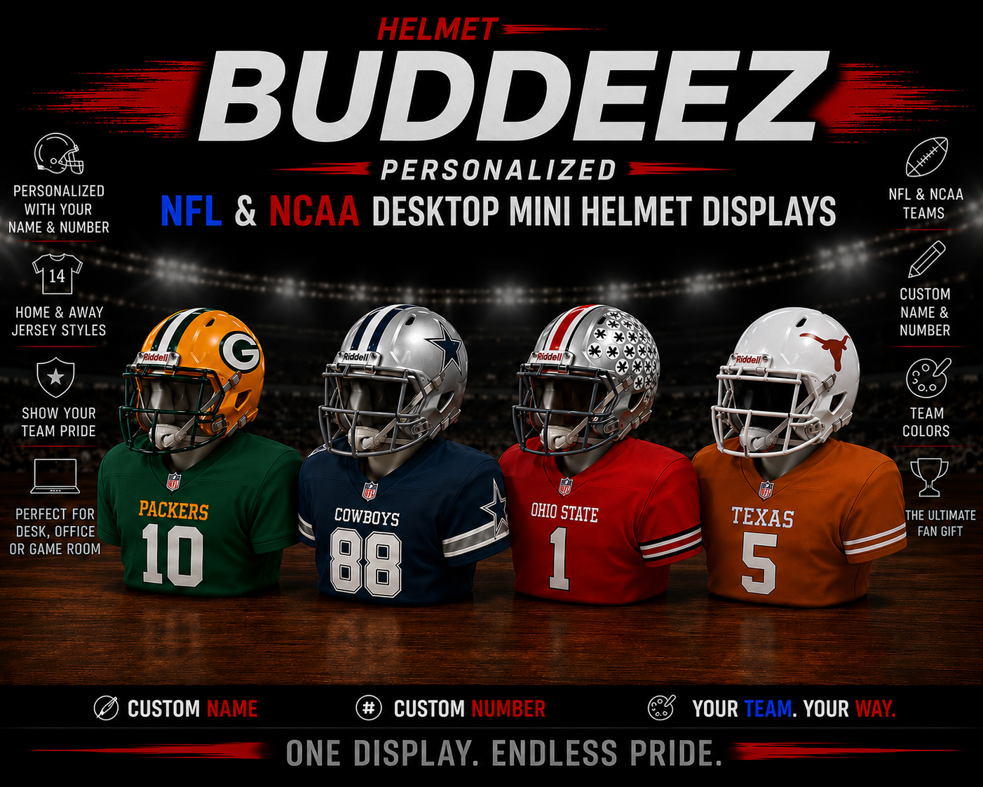 Personalized NFL & NCAA Inspired Mini Helmet Desktop Displays