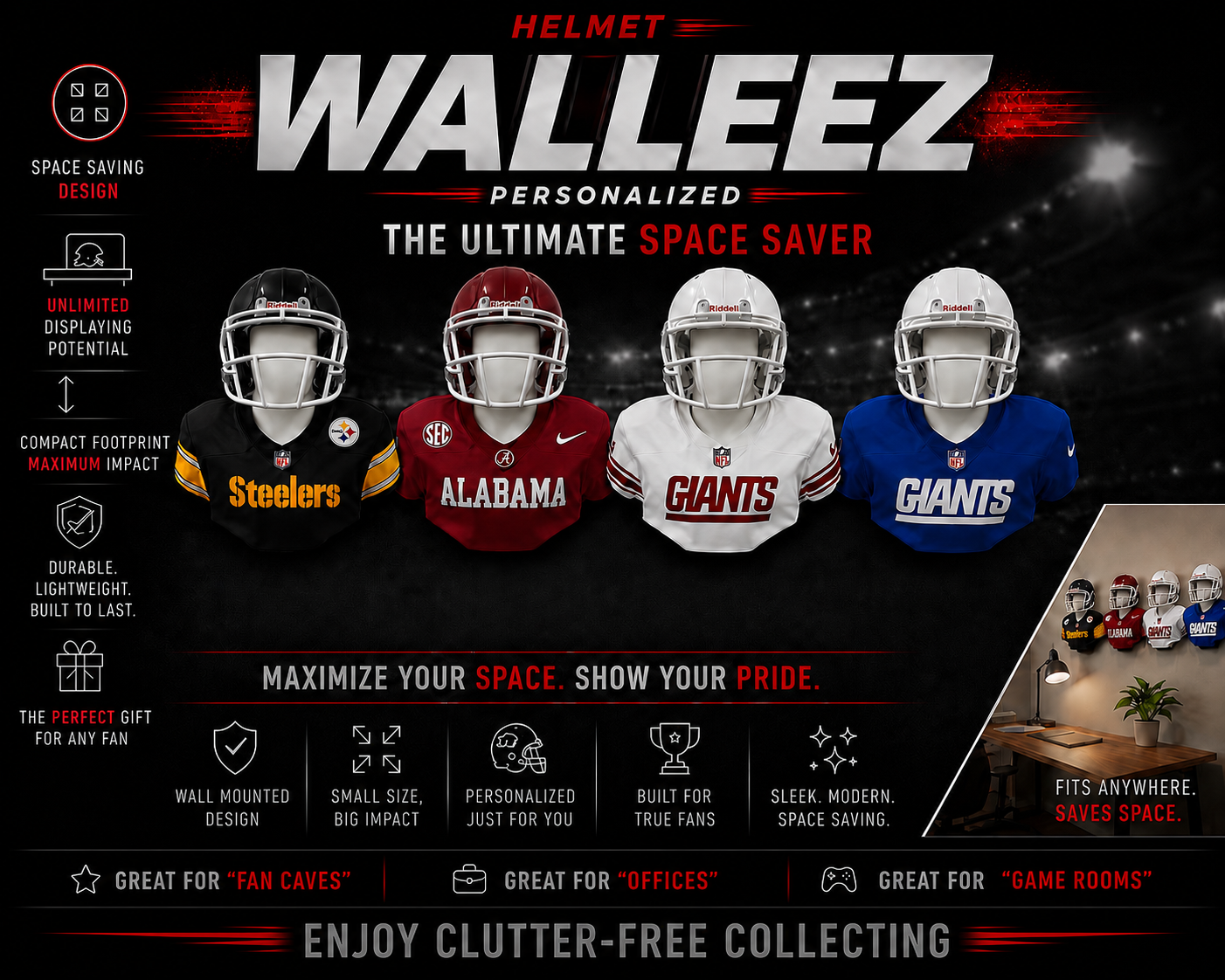 NFL @ NCAA Inspired Wall Mount Mini Helmet Displays